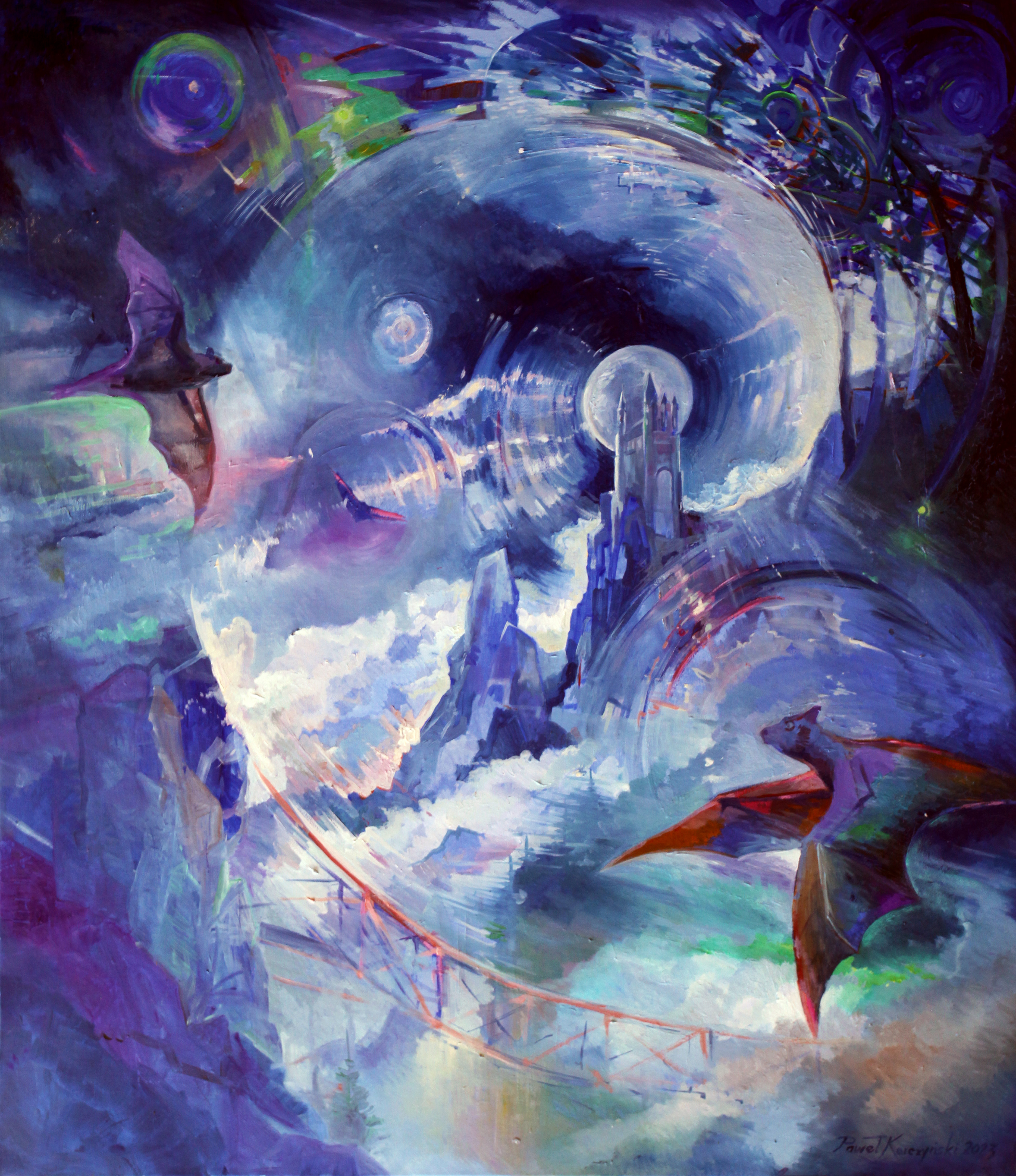 Echolokacja Nietoperzy obraz Pawła Korczyńskiego z 2023. Obraz malowany w typowym dla artysty stylu. Łączy on abstrakcje z realistycznym malarstwem. Obraz ukazuje dźwięki niewidoczne dla ludzi ruch i przestrzeń. 