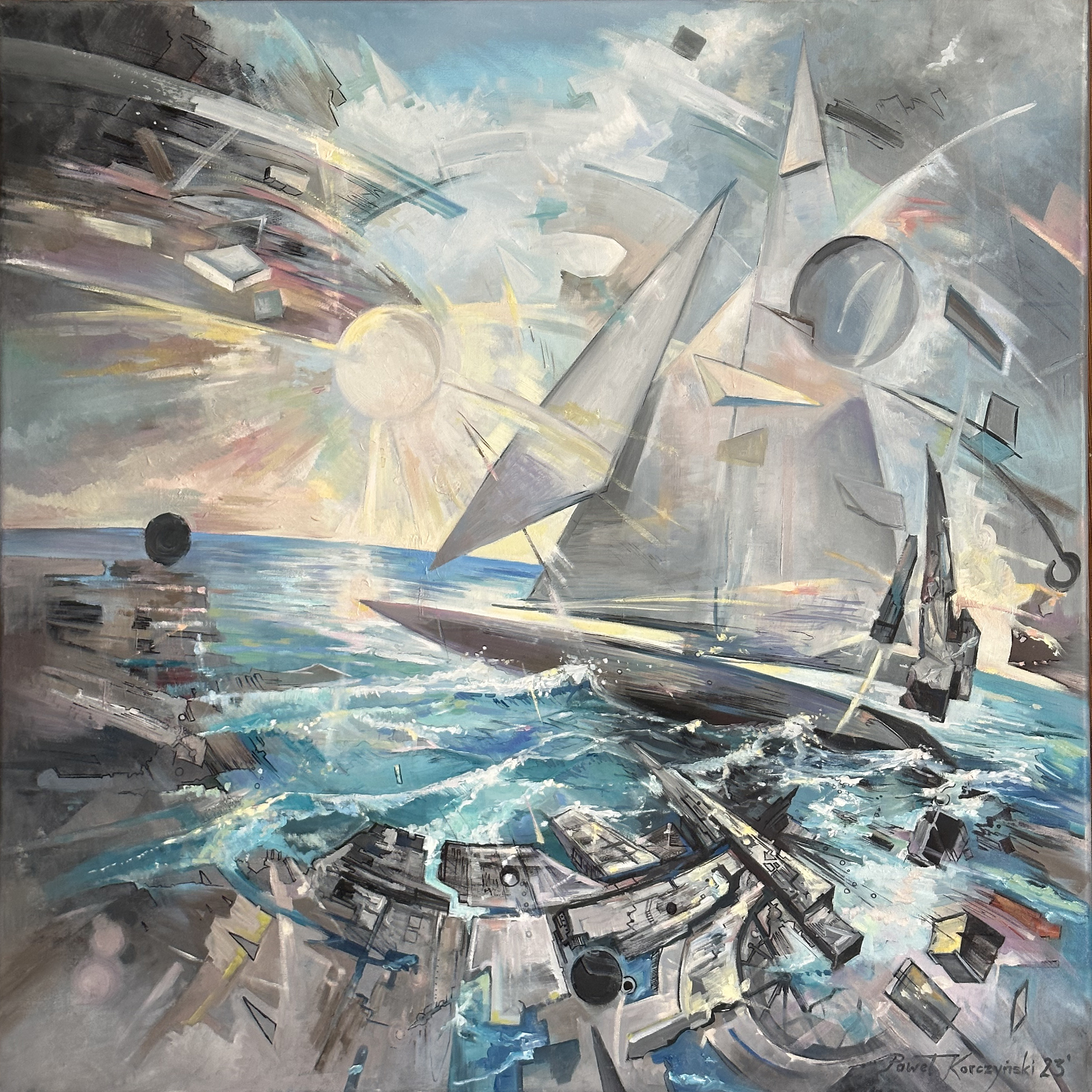 Obraz "Wiatr w Żagle" Pawła Korczyńskiego. Abstrakcja geometryczna połączona z realistycznym malarstwem. Obraz pełen dynamiki, pokazuje ruch przestrzeń i siłę wiatru oraz fal. Obraz prezentowany był na Festiwalu Sztuki Wysokiej w Bytomiu w 2023. 